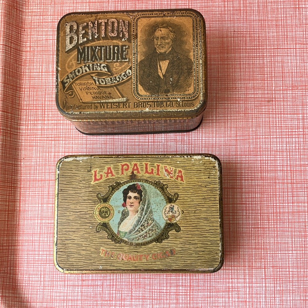 Set of two vintage antique metal cigar tobacco boxes tins advertising tobacciana